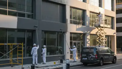 Professional commercial painters working on an office exterior in Lynchburg, VA
