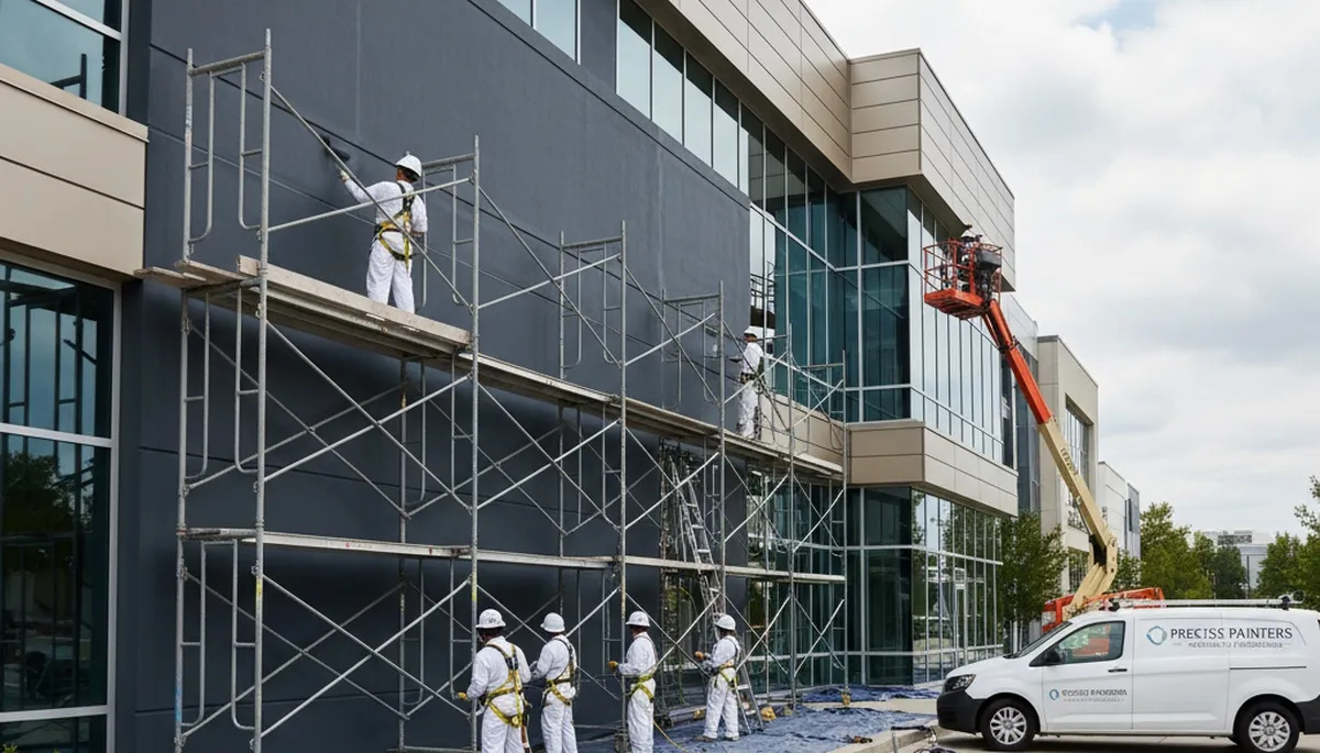 Professional commercial painters coating office exterior in Lynchburg, VA for lasting business appeal