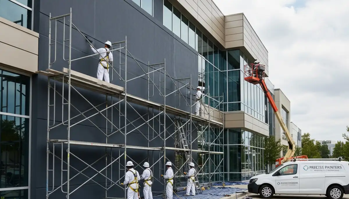 Professional commercial painters coating office exterior in Lynchburg, VA for lasting business appeal