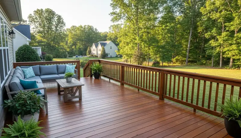 Freshly stained wood deck in Lynchburg, VA showing professional house-painting finish and weather protection