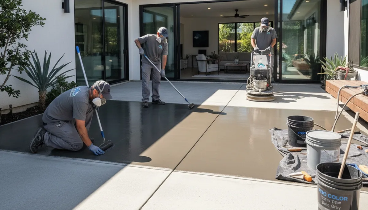 Professional concrete staining on residential patio in Lynchburg, VA by local house-painting experts