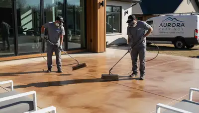 Professional concrete staining on Lynchburg VA patio showing durable, weather-resistant finish