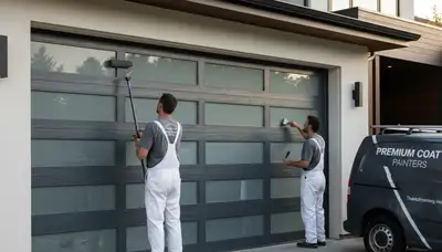 Professional painters refinishing a residential garage door in Lynchburg, VA for lasting curb appeal