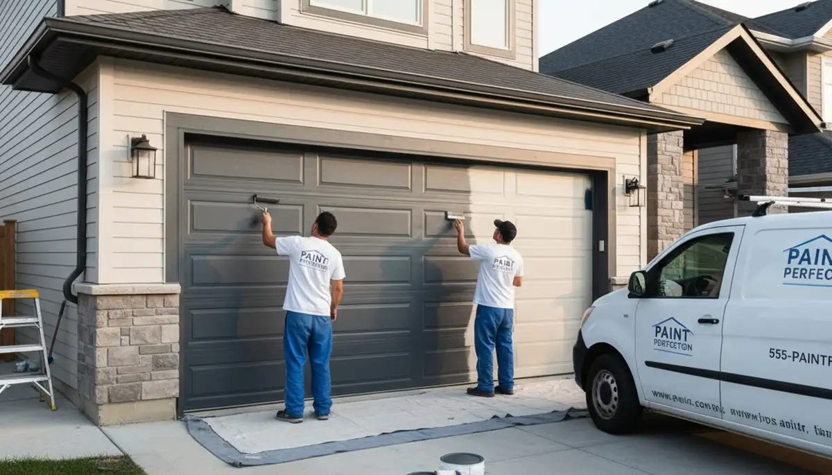 Professional painters refinishing a residential garage door in Lynchburg, VA for lasting curb appeal