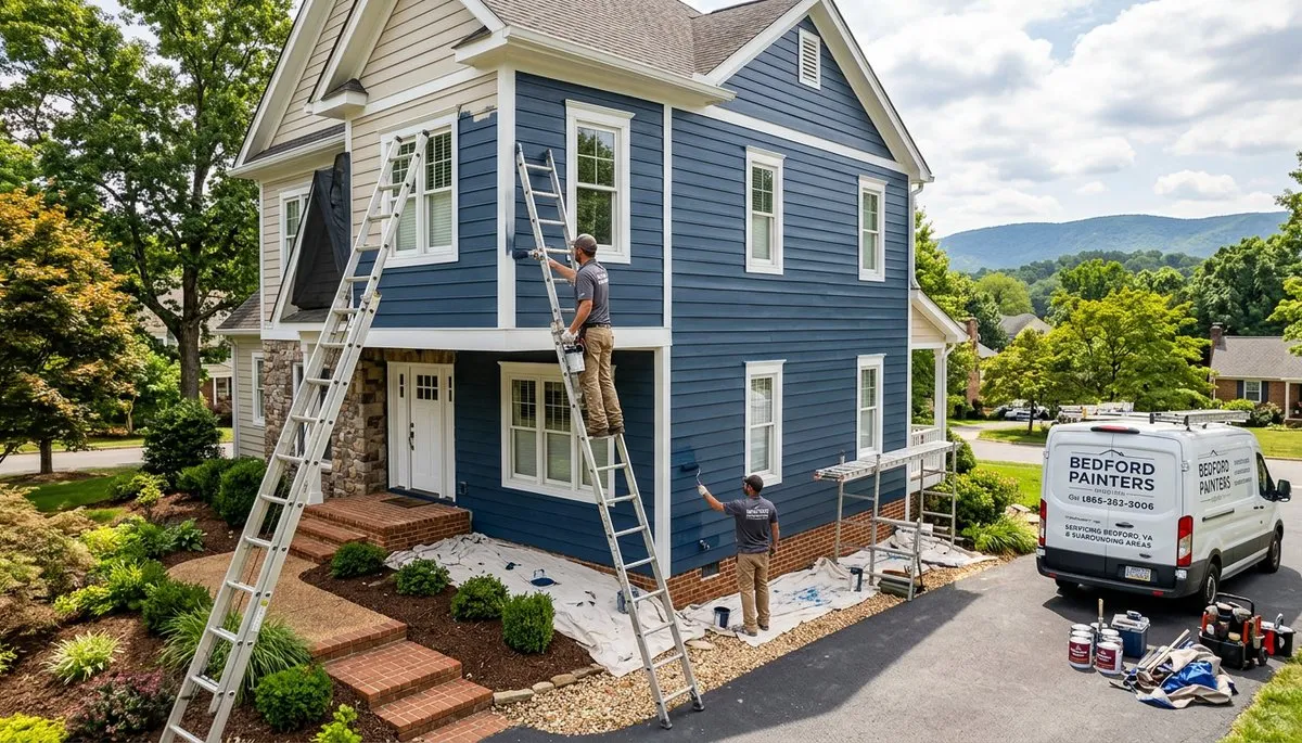 Professional house painters in Lynchburg VA applying exterior paint to a residential home