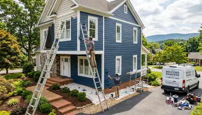 Professional house painters in Lynchburg VA applying exterior paint to a residential home