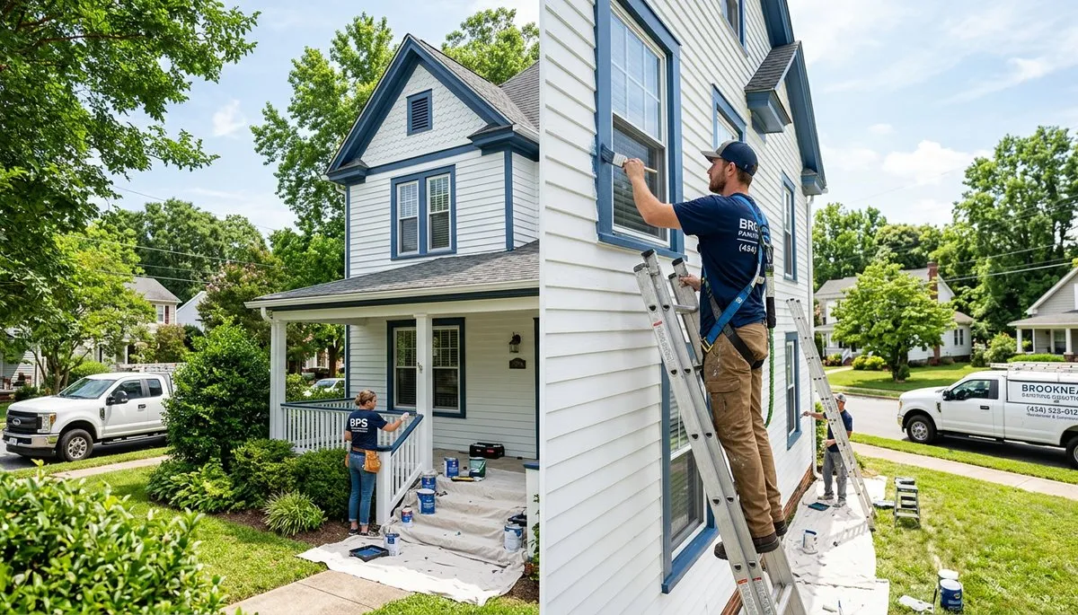Professional house painters working on residential exterior in Lynchburg, VA