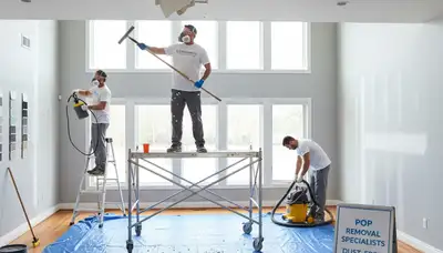 Professional popcorn ceiling removal by house painters in Lynchburg, VA creating smooth ceilings